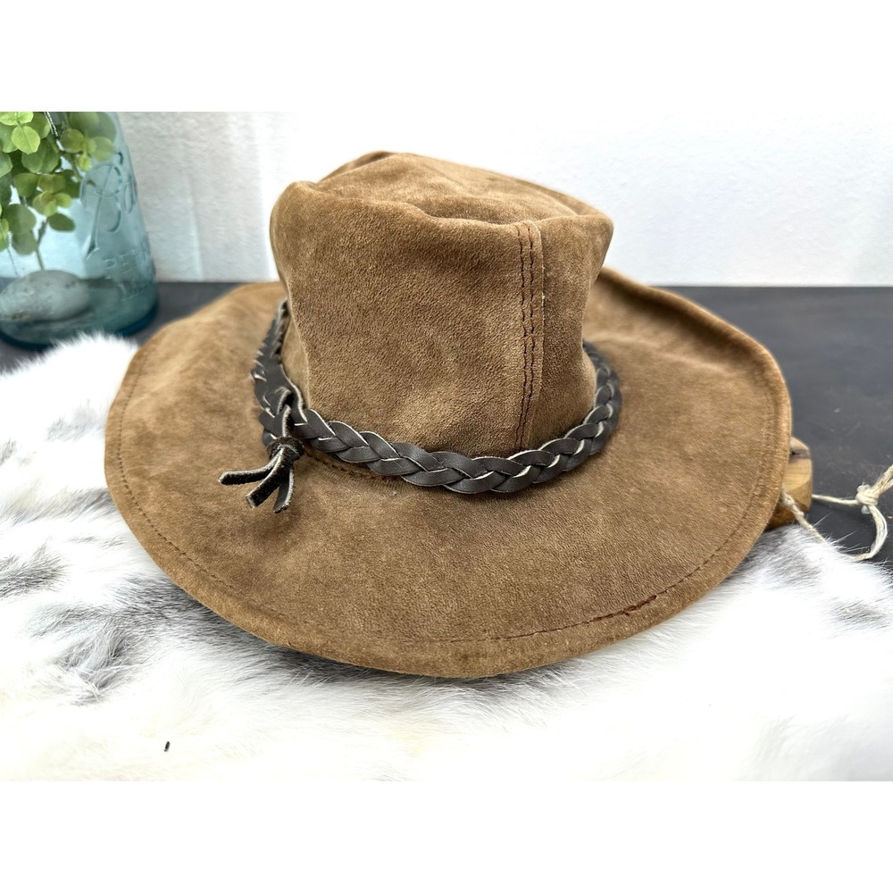 Suede leather outback hat Australia genuine leather tan braided vintage‎ large